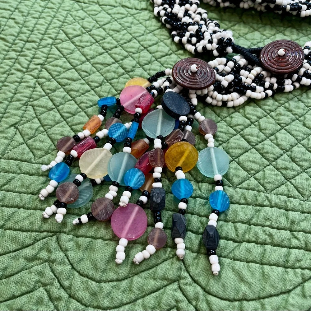 Boho Hand Beaded / Braided Belt, Enameled Button Closures(s), Colorful Fringe